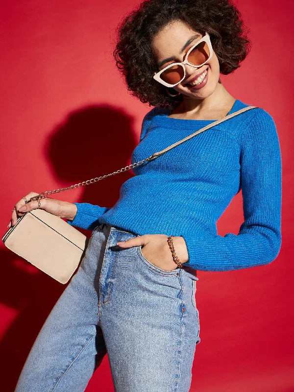 Women Blue Rib Square Neck Full Sleeves Sweater Boxy Sweater Fitted Sweater A-Line