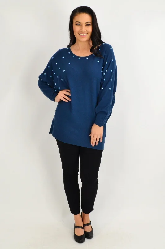 Teal Girls Pearls Tunic Jumper Long Sweater Short Sweater Cropped Sweater