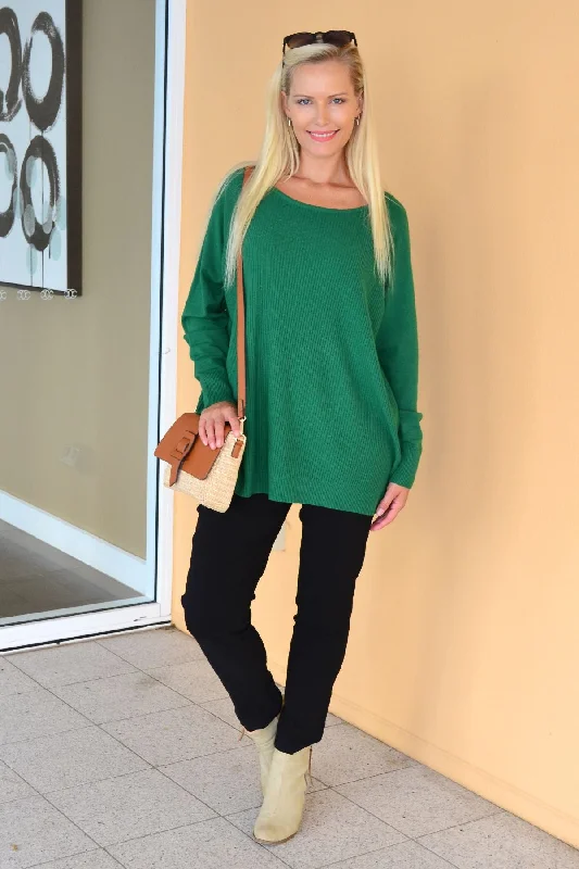 Green Super Soft Ribbed Wool Blend Tunic Jumper Hooded Caped Shawl Collar