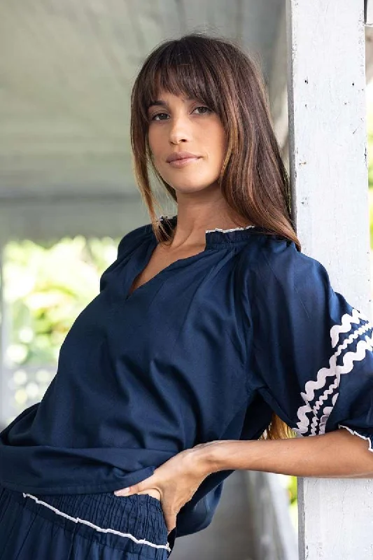 Ziggy Blouse in Navy HS24322 by Humidity Lifestyle Embroidered Cotton Blouse