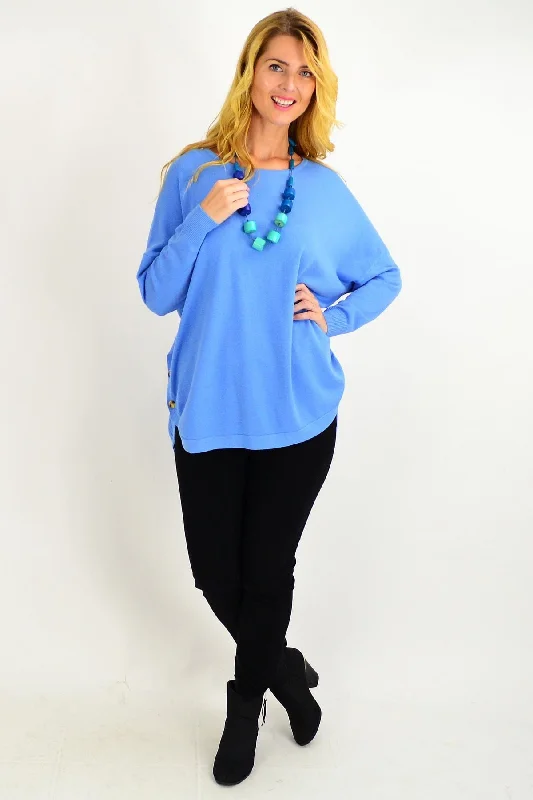 Sky Blue Betties Button Wool Blend Tunic Jumper Hooded Sweater Collared Sweater Shawl Collar