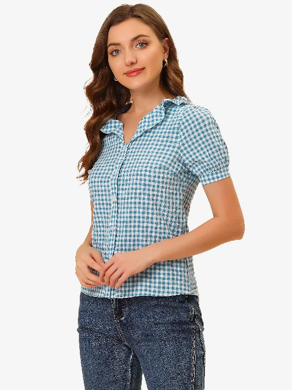 Plaid Blouse Puff Sleeve Ruffle Peter Pan Collar Shirt Top Elegant Silk Blouse