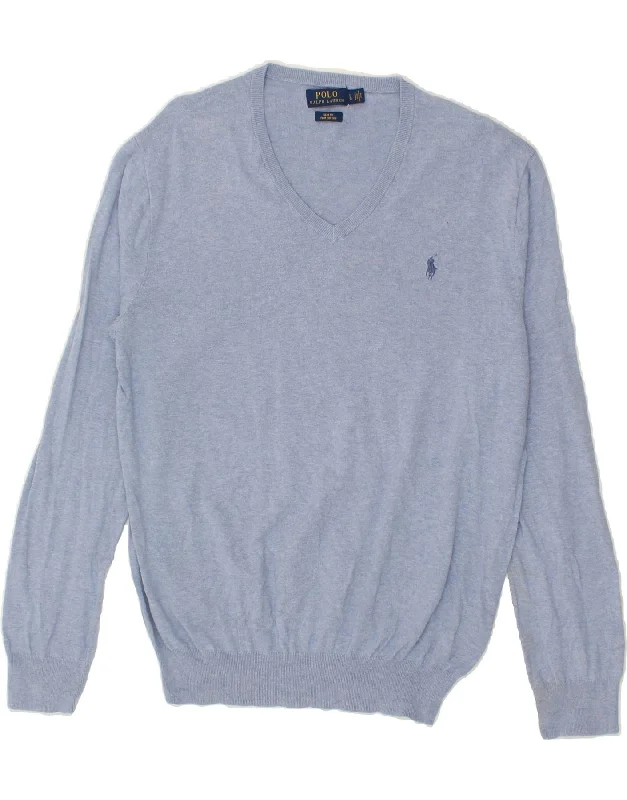 POLO RALPH LAUREN Mens Slim Fit V-Neck Jumper Sweater Large Blue Cotton Satin Fabric Silk Fabric Chiffon Fabric