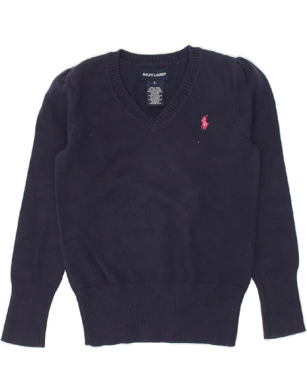 RALPH LAUREN Girls V-Neck Jumper Sweater 5-6 Years Navy Blue Cotton Machine Wash Dry Clean Hand Wash