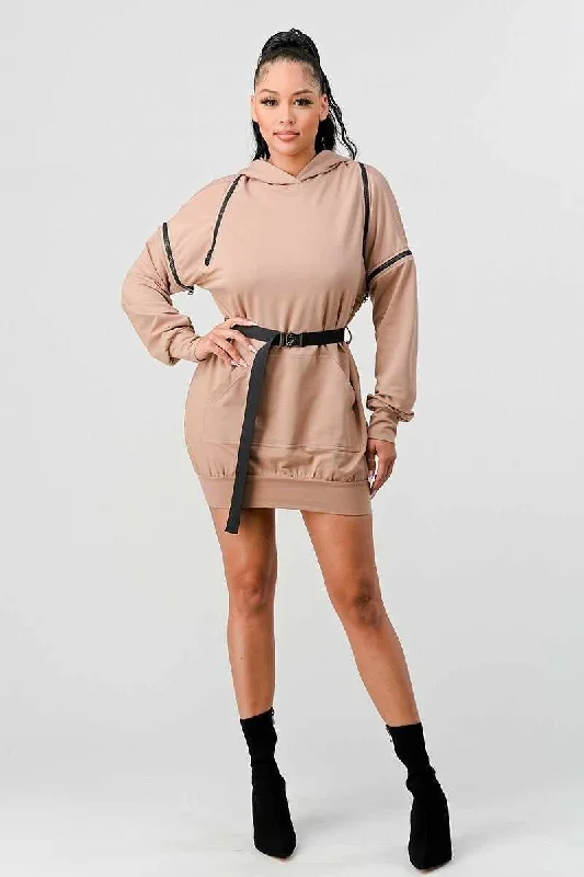 Double Zipper Hooded Mini Dress Trendy Off-Shoulder Dress Mini