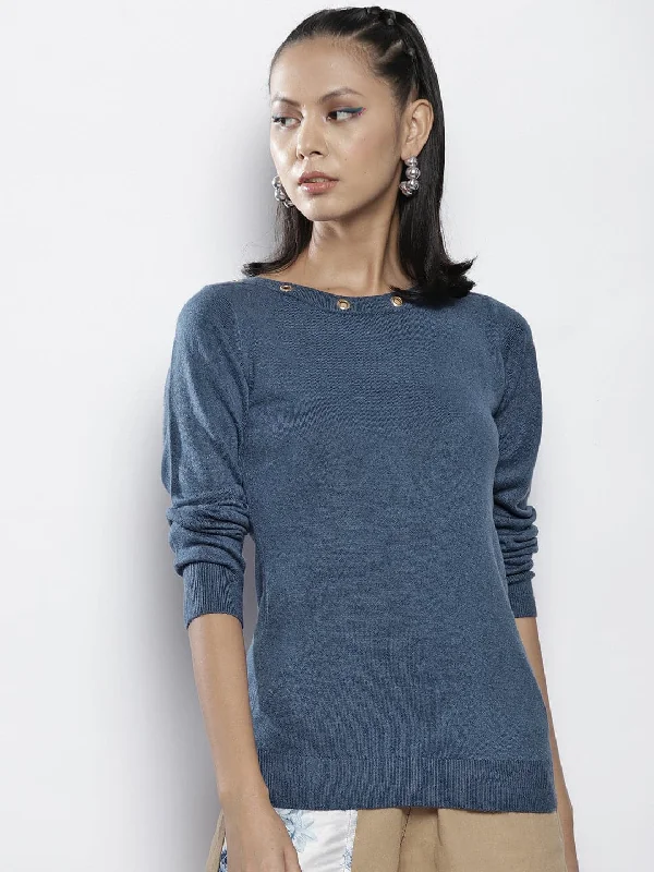 Women Blue Rib Boat Neck Full Sleeves Sweater Notch Collar Peter Pan Collar Cowl Neck Women Blue Rib Boat Neck Full Sleeves Sweater Notch Collar Peter Pan Collar Cowl Neck