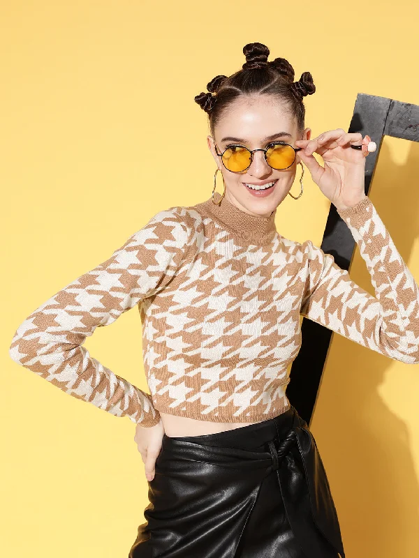 Women Brown And White Houndstooth Crop Sweater Machine Wash Dry Clean Hand Wash