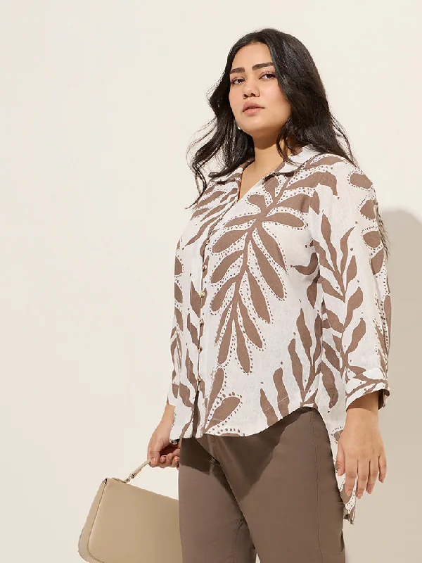 Gia Taupe Leaf Printed High-Low Blouse Delicate Pleat Blouse