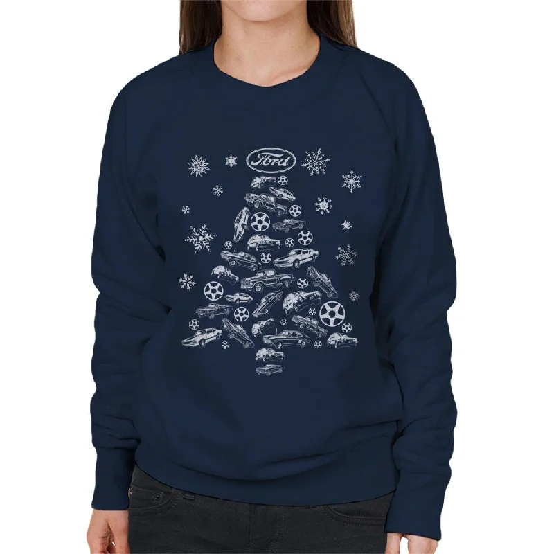 Ford Christmas Tree Cars And Snowflakes Women's Sweatshirt Hoodie with Hem Embroidery Detailed Premium