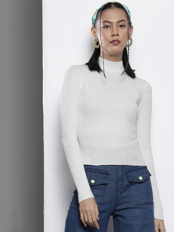 Women White Rib High Neck Full Sleeves Sweater Knit Fabric Woven Fabric Fleece Fabric Women White Rib High Neck Full Sleeves Sweater Knit Fabric Woven Fabric Fleece Fabric