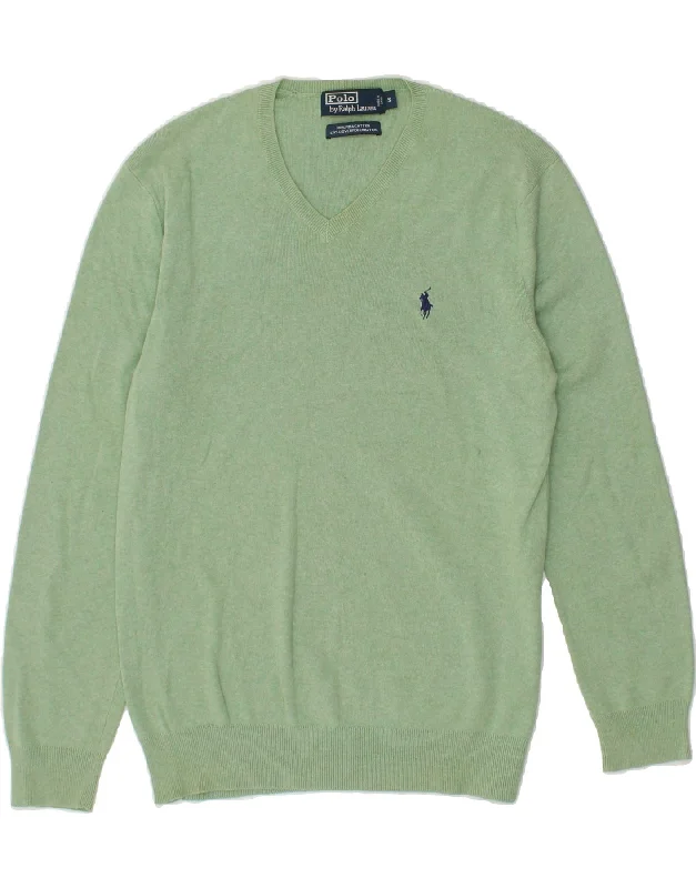 POLO RALPH LAUREN Mens V-Neck Jumper Sweater Small Green Boat Neck Shawl Collar Notched Collar