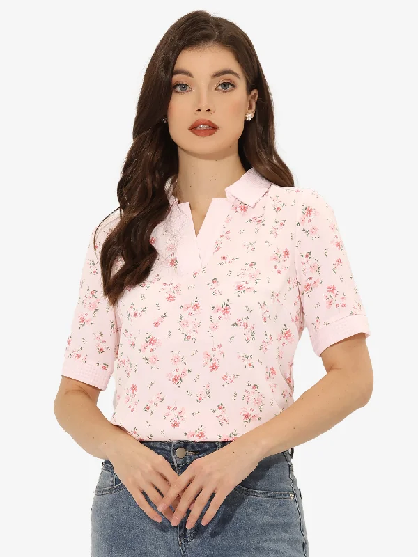 Floral Turndown Collar Split Neck Short Sleeve Elegant Blouse Frilled Cuff Blouse