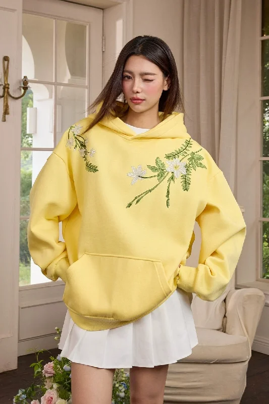 Floral Embroidery Oversized Hoodie Hoodie with Distressed Vintage Worn