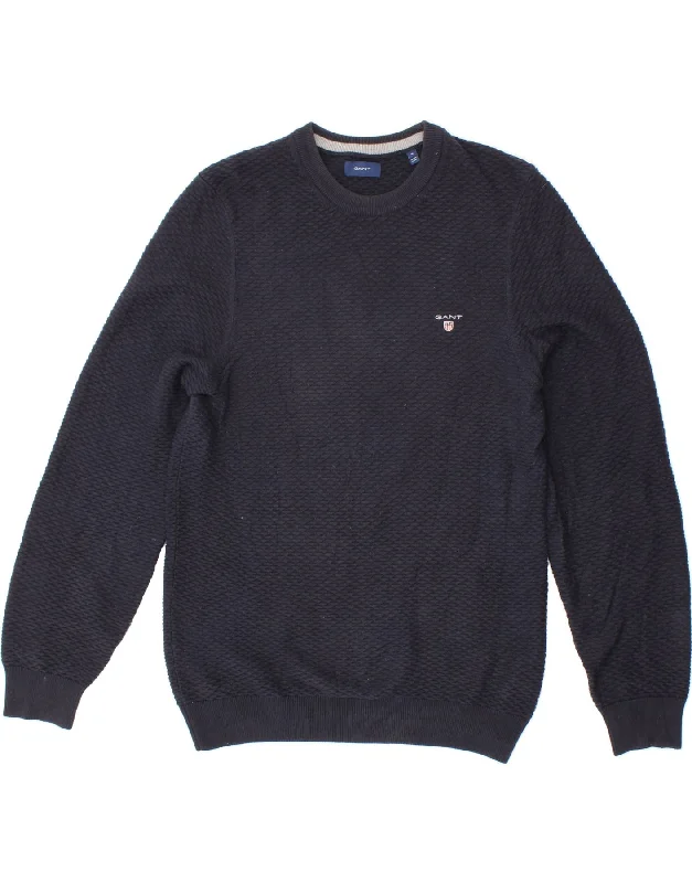 GANT Mens Crew Neck Jumper Sweater Medium Navy Blue Cotton Graphic Sweater Embroidered Appliqued