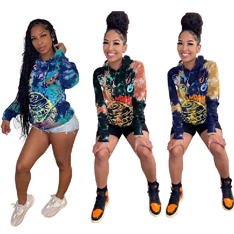 C1101TA80 Autumn Trendy Casual Tie Dye Print Hooded Sweaters For Women Sehe Fashion Print Jacquard Patchwork