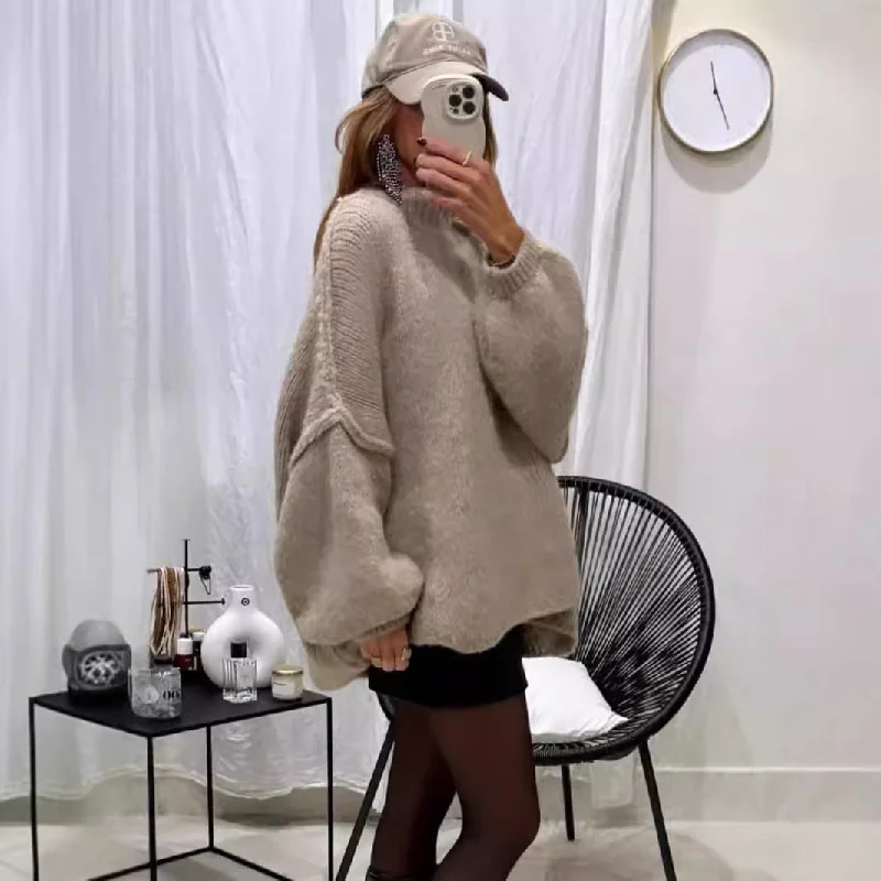 Wjczt dti outfits Autumn and Winter New Loose Half Turtleneck Commuter Style Fake Reverse Wear Knitted Pullover Solid Color Sweater for Women Ribbed Striped Patterned