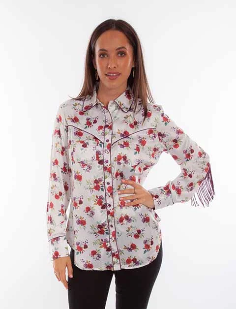 Women's Honey Creek Collection Blouse: Red Floral Print with Fringe Lightweight Tunic Blouse Women's Honey Creek Collection Blouse: Red Floral Print with Fringe Lightweight Tunic Blouse