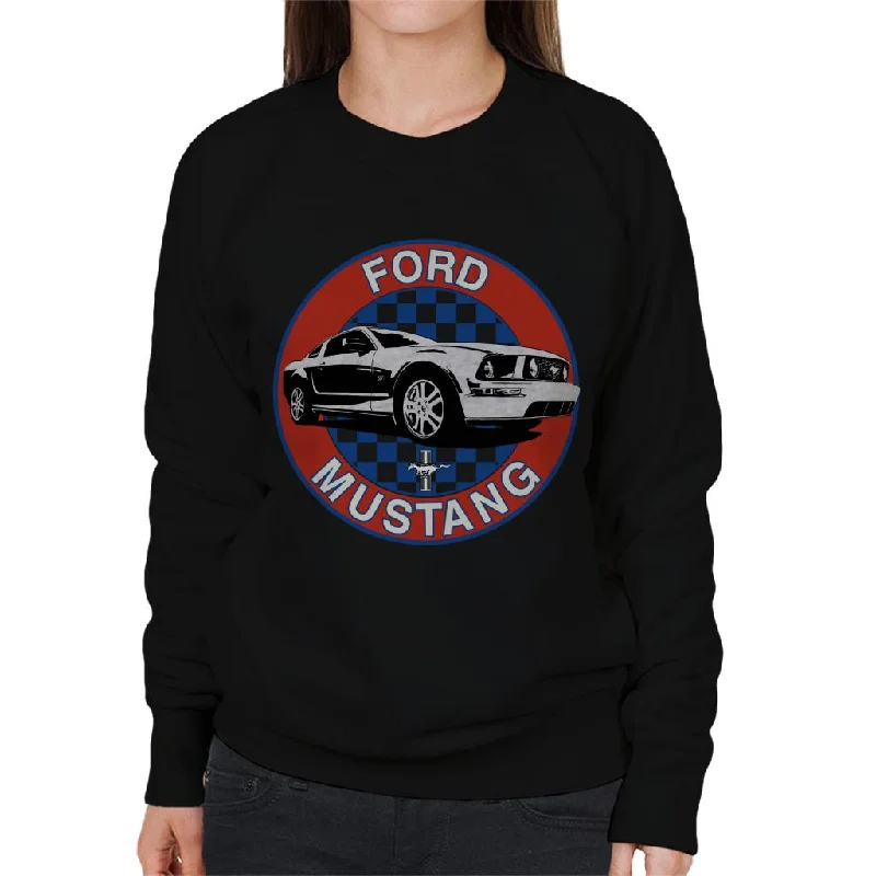 Ford Mustang Blue Checkered Race Stripes Women's Sweatshirt Hoodie with Logo Branding Identity
