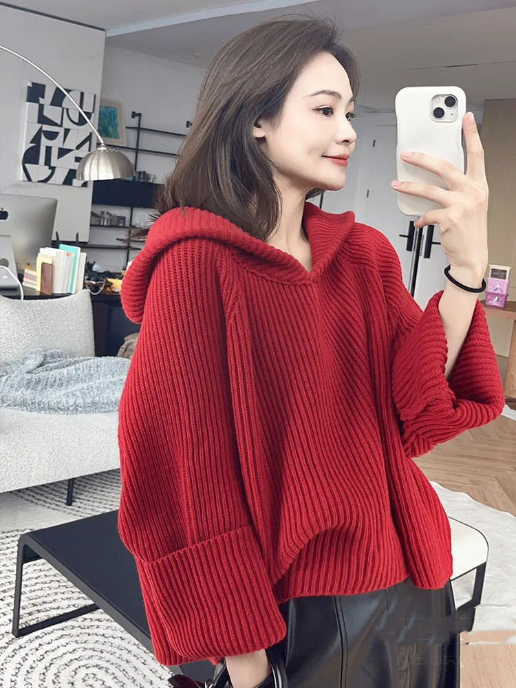 Wjczt Korean style Long Sleeve Sweater Autumn Winter New Hooede Womens Clothing Pullover Tops Warm Fashion Women Knitwears Layered Multi-layer Single Layer