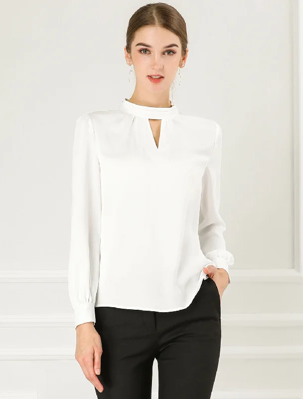 Keyhole Elegant Stand Collar Long Sleeve Chiffon Office Blouse Loose Oversized Blouse Keyhole Elegant Stand Collar Long Sleeve Chiffon Office Blouse Loose Oversized Blouse
