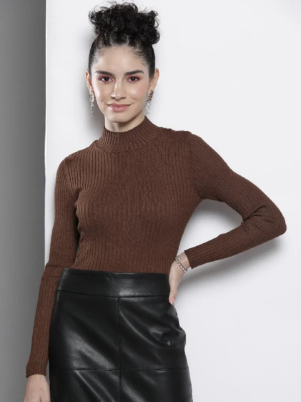 Women Brown Rib High Neck Full Sleeves Sweater Faux Fur Fabric Real Fur Fabric Shearling Fabric Women Brown Rib High Neck Full Sleeves Sweater Faux Fur Fabric Real Fur Fabric Shearling Fabric