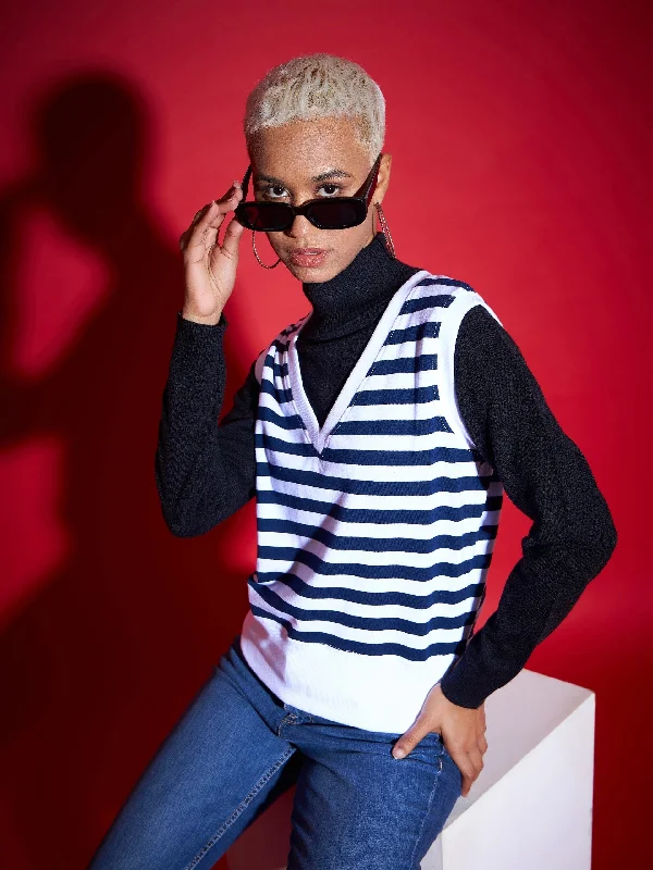 Women Navy & White Striped V-Neck Sleeveless Sweater Stylish Fashionable Trendy