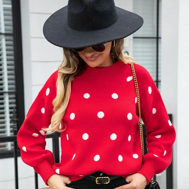 Wjczt Women's Sweater Autumn Outfits Winter New Fashion Sweater Knitted Sweater Polka Dot Long Sleeved Pullover Fashion Tops Women Casual Formal Business