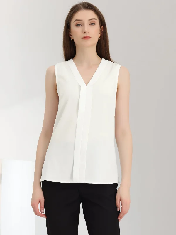 Elegant V Neck Pleated Solid Work Sleeveless Blouse Lightweight Tunic Blouse