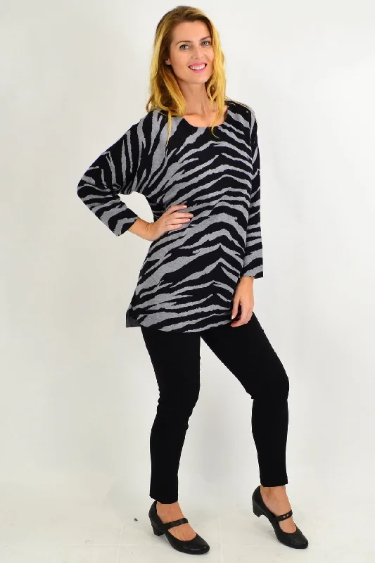 Grey Zebra Wool Blend Tunic Jumper Boat Neck Shawl Collar Notched Collar