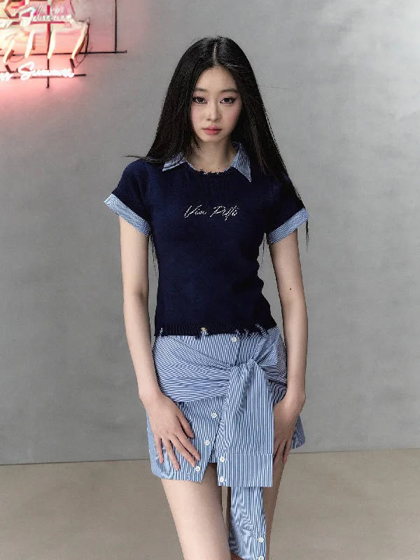 Deep Blue & Black Mock Two-piece Knit Sweater with Patchwork Short Sleeves Glossy Satin Silk Deep Blue & Black Mock Two-piece Knit Sweater with Patchwork Short Sleeves Glossy Satin Silk