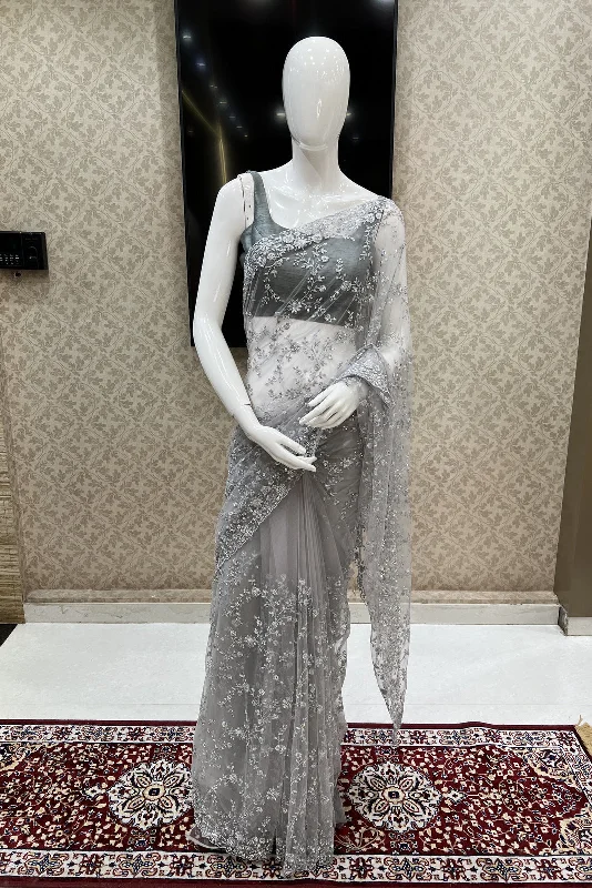 Grey Thread, Sequins and Stone work Saree with Matching Unstitched Blouse Classic White Blouse