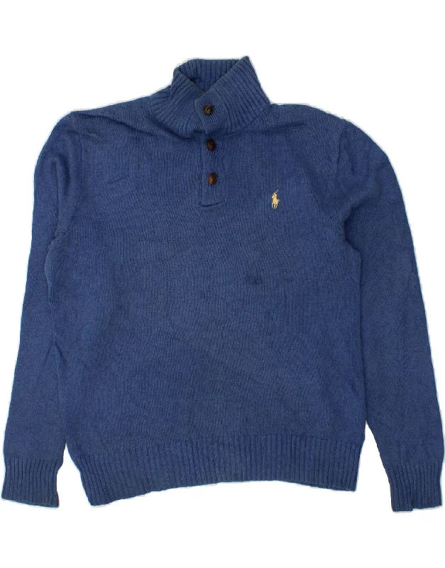 POLO RALPH LAUREN Mens Button Neck Jumper Sweater Medium Blue Cotton Terry Terry Cloth Terry Knit