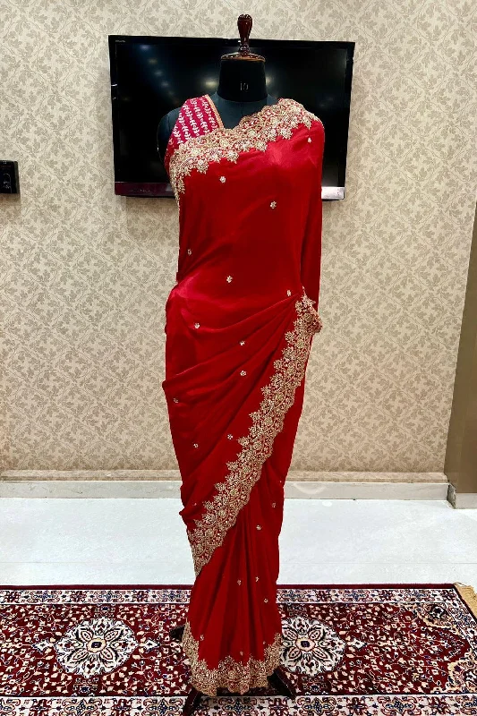 Red Sequins, Beads, Zari and Pearl work Saree with Matching Unstitched Designer Blouse Vintage Polka Blouse Red Sequins, Beads, Zari and Pearl work Saree with Matching Unstitched Designer Blouse Vintage Polka Blouse