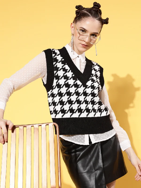 Women Black Houndstooth V-Neck Sleeveless Sweater Glossy Satin Silk