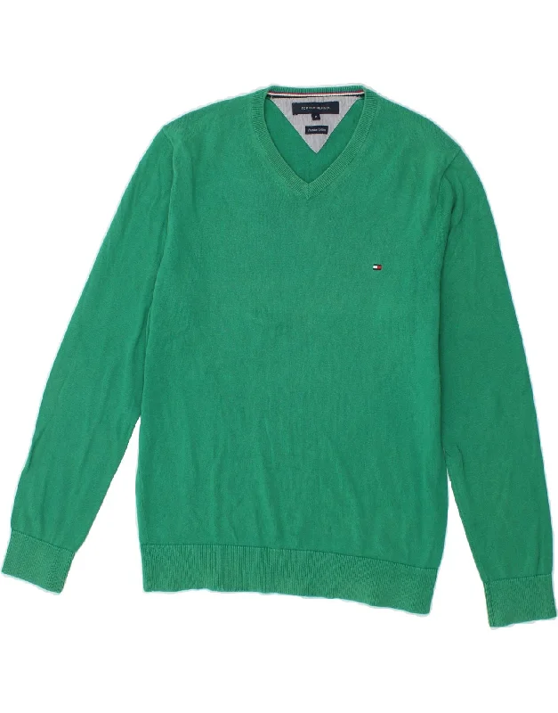 TOMMY HILFIGER Mens V-Neck Jumper Sweater Medium Green Cotton Striped Floral Plaid