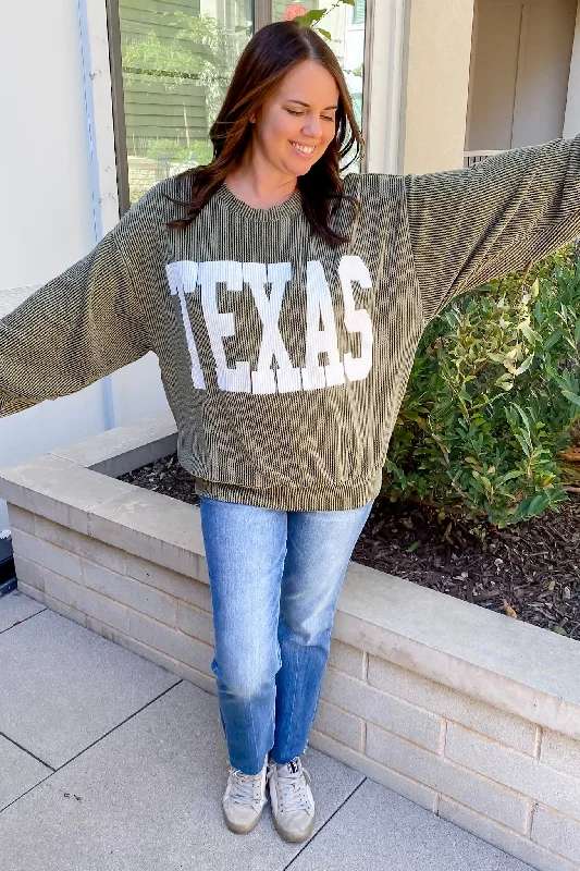 Texas Corduroy Graphic Olive Sweater Fitted Loose Oversized