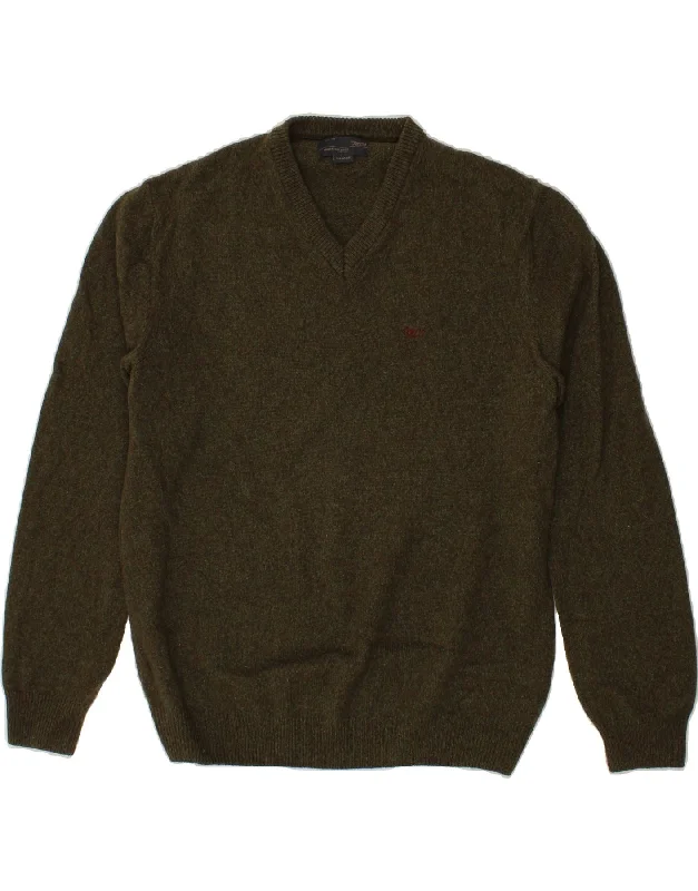 MARLBORO CLASSICS Mens V-Neck Jumper Sweater XL Khaki Flecked Wool Terry Blend Velvet Blend Canvas Blend