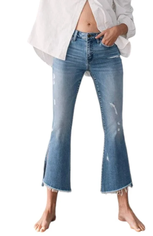 Mid Rise Crop Flare With Slit Jeans In Blue Comfortable Flare Leg Jeans