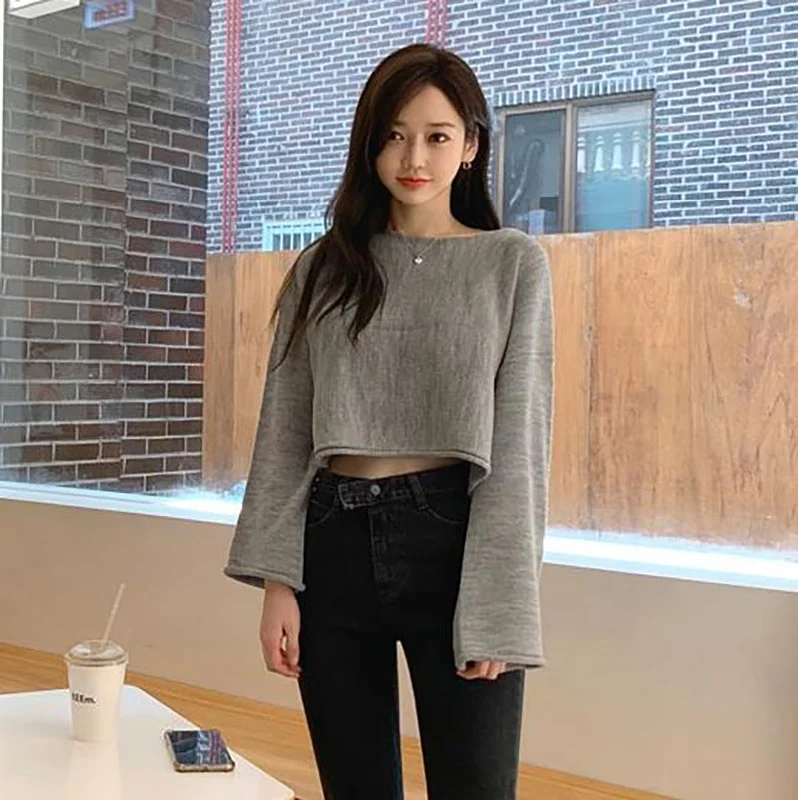 Wjczt concert outfit Dongdaemun Autumn and Winter New Young Girl Curling Short Navel Pullover Slimming Woolen Sweater T-shirt for Women Spandex Blend Rayon Blend Denim Blend