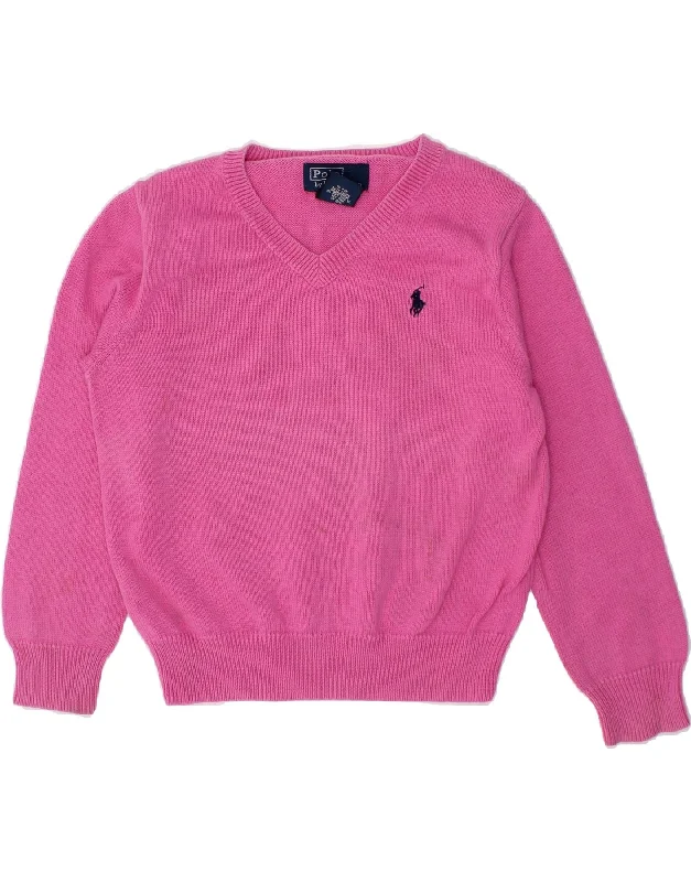 POLO RALPH LAUREN Girls V-Neck Jumper Sweater 3-4 Years Pink Cotton Lace Blend Ribbed Blend Corduroy Blend