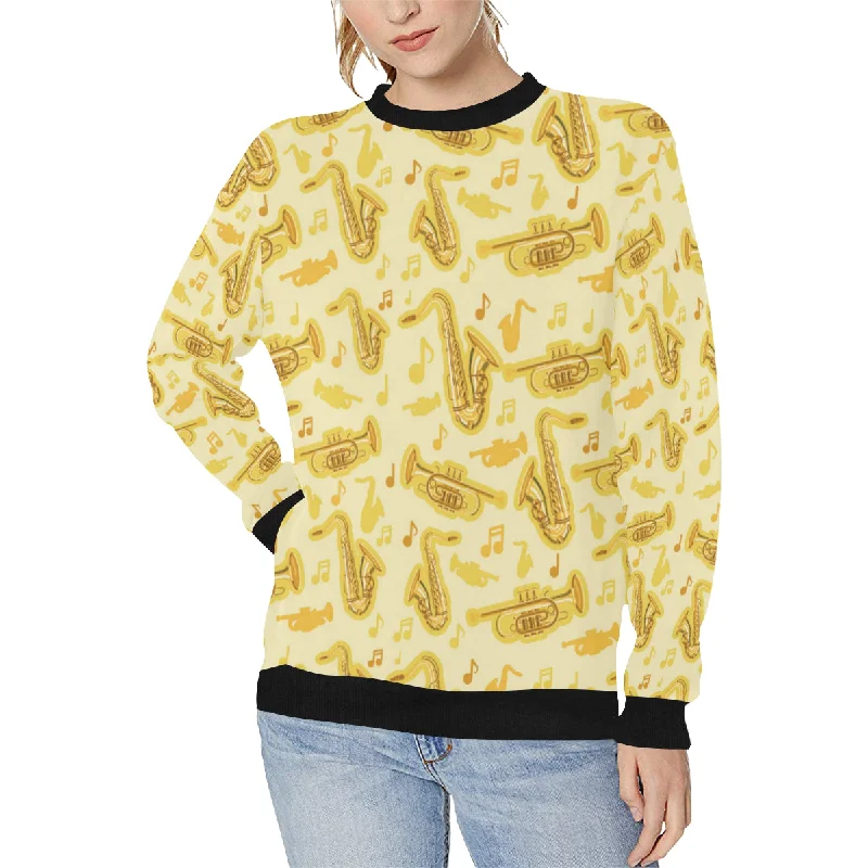 Saxophone cornet pattern yellow background Women's Crew Neck Sweatshirt Hoodie with Raglan Sleeves Sporty Comfortable