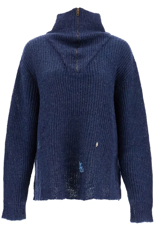 linen and wool blend sweater S67HL0008 M13024 BLUE Striped Floral Plaid