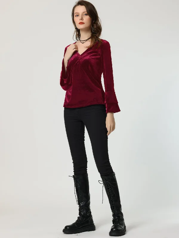 V Neck Velvet Blouse Flare Long Sleeve Peplum Top Peter Pan Blouse