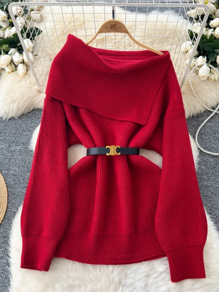 Wjczt Women Knitted Sweater Autumn Winter Sexy Off Shoulder Lapel Slim Pullover Tops Female Solid Long Sleeve Korean Casual Sweaters Front Pockets Side Pockets Patch Pockets