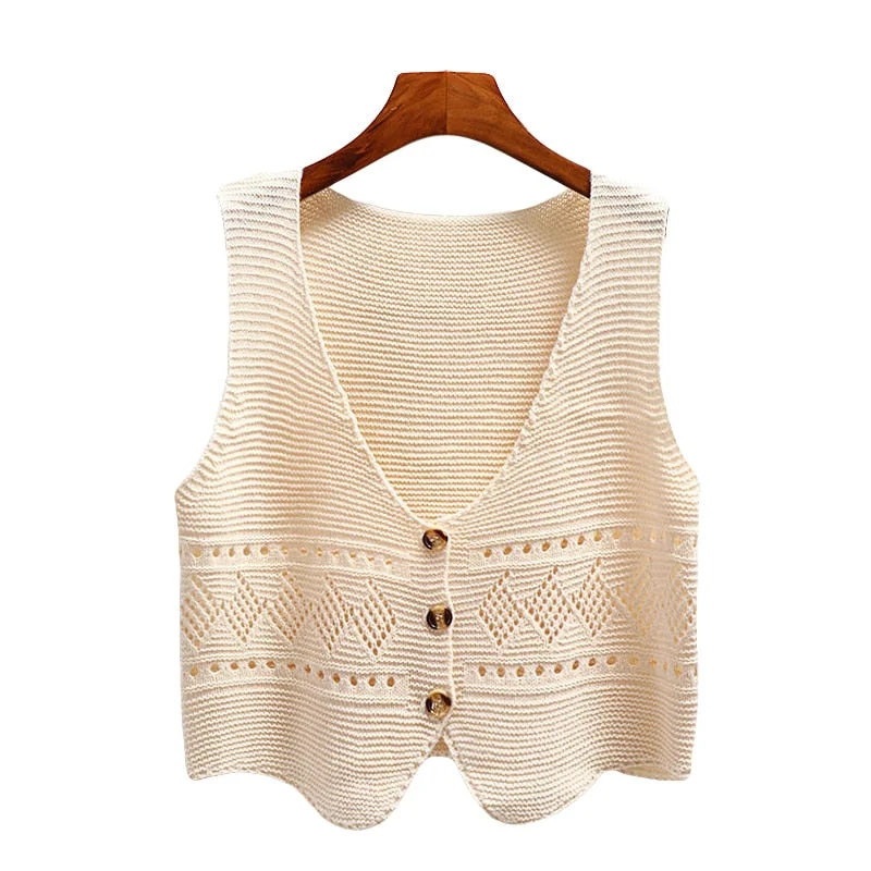 Wjczt 2024 Korean Fashion V Neck Loose Sleeveless Sweater Vest Women Knitted Hollow Out Single Breasted Short Cardigan Female Kniwear Solid Print Embellished