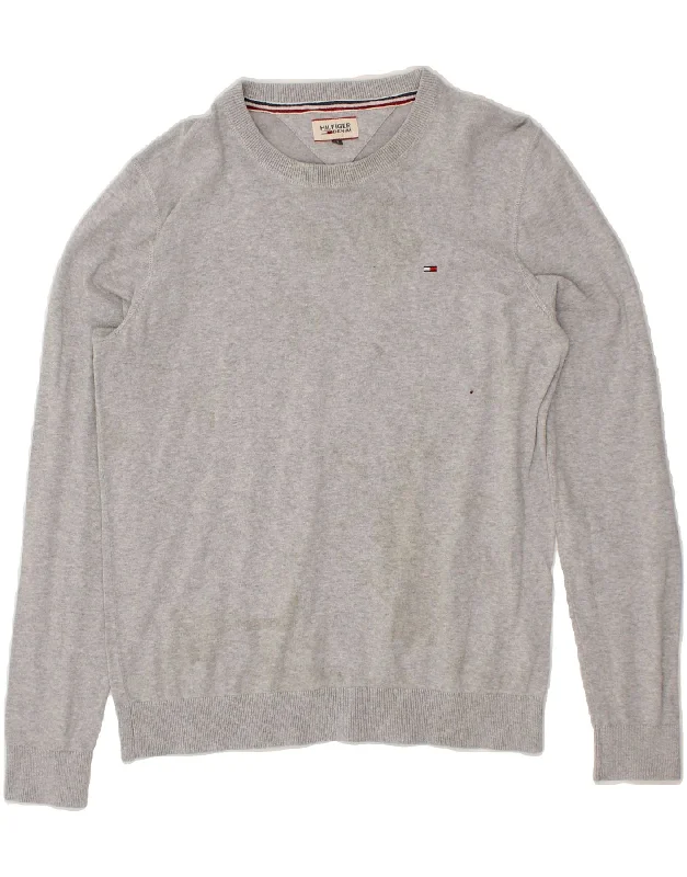 TOMMY HILFIGER Mens Crew Neck Jumper Sweater XL Grey Cotton Handmade Hand-knitted Hand-woven