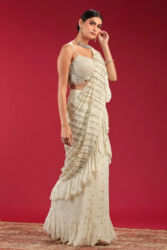 Cream Readymade Fancy Saree and Readymade Designer Blouse Office Formal Blouse