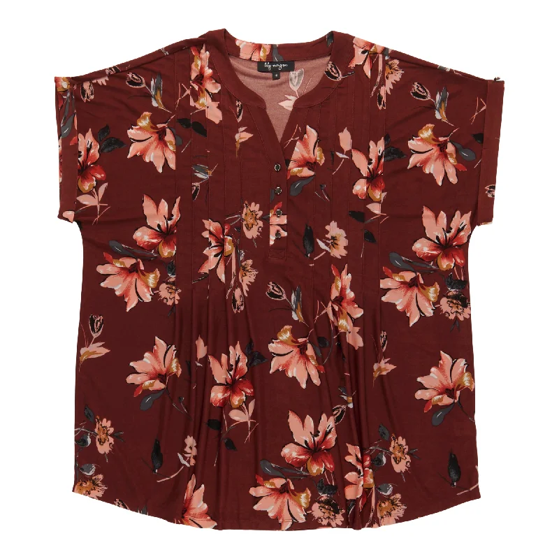 lily morgan Women's Plus Pleated Printed V-Neck Blouse Subtle Shimmer Blouse