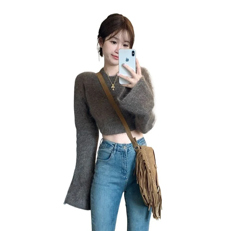 Wjczt concert outfit Bell Sleeve Korean Style Velvet Sweater for Women Autumn and Winter New Sweet Hot Girl Pullover Slim Slimming Short Sweater Top Velvet Chenille Corduroy