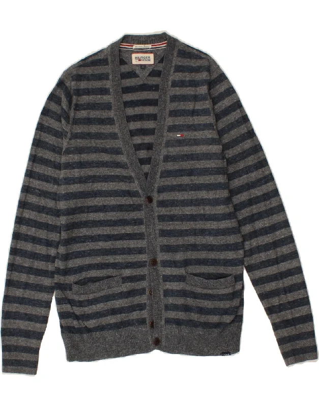 TOMMY HILFIGER Mens Cardigan Sweater Small Grey Striped Cotton Bright Pastel Dark